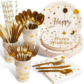 200PCS White Gold Birthday Party Spplies Disposable Tableware Set for 25 Guests