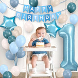 First Birthday Boy Decorations 40in Banner 1 Balloon Number Dusty Blue Balloons