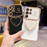 Luxury White Plating Love-Heart Kickstand Phone Case for Samsung Galaxy S26 Ultra, Curly Shape Raised Camera Shockproof TPU Protective Cover with Holder for Women Girls