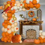 141 Pcs Fall Balloon Arch Kit with Orange Nude Gold Balloons and Maple Leaves Decor