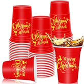 50Pcs Merry Christmas Plastic Cups 16Oz Red Gold Snowflake Deer Design Disposable Cups Decorative Xmas Party Cups For Hot Cold Drinks Coffee Juice Beer Candy Snacks