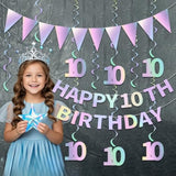 Iridescent Happy 10Th Birthday Decorations Kit For Girls Boys, Pre-Strung 10 Bday Banner Hanging Swirls Bunting Party Supplies, Ten-Year-Old Double Digits Birthday Photo Props Decor