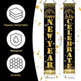 Happy New Year 2026 Porch Banner in Black Gold Glitter for Holiday Party Decor