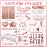 285Pcs Party Supplies Rose Gold Birthday Decorations For Girls And Women, Diy Number Ballons, Fringe Curtain, Tablecloth, Polka Dot Napkins Straws For 25 Guests