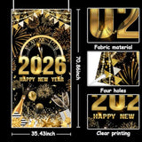 2026 Happy New Year Door Cover Black Gold Party Decor with Balloon and Fireworks