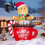 6 Ft Christmas Inflatable Outdoor Decorations, Inflatable Gingerbread Man In Hot Cocoa Mug With Leds, Cute Christmas Blo