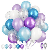 60Pcs Frozen Theme Balloons – 12" Purple, Blue, White & Snow Confetti for Winter Parties