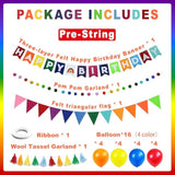 Pre-Strung Felt Happy Birthday Banner, Rainbow Theme Birthday Party Decoration Kit, Felt Pennant Banner Flag, Pompom Garland, Wool Tassel Garland, Red, Yellow, Blue And Orange Balloons,Reusable