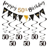 Black-gold 50th birthday kit for men with banner, bunting, swirls & triangle flags