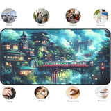 Japanese Anime Desk Mat, Green Forest Mouse Mat Xxl, Game Desk Pad, Fantasy Architecture Computer Keyboard Mat, Wireless Mousepad Large,Natural Landscape Home Office Desktop Decor 31.5"X15.7"