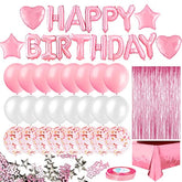 33pcs Pink Birthday Decor Set with Banner, Fringe Curtain, Balloons & Confetti