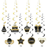 16PCS Black & Gold Happy Birthday Hanging Swirls for Men Women Ceiling Decor