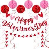 17 Pcs Happy Valentine'S Day Decorations Red Pink Glitter Heart Valentine Banner Sign Valentine Hanging Swirls Honeycomb Balls For Galentines Party Wedding Anniversary Hanging Decoration