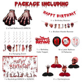 Halloween Birthday Party Decorations, Red Halloween Happy Birthday Banner, Scary Handprint Balloons & Cake Topper, Horror Fake Broken Hands Dismember Honeycomb Hanging Swirl Balloons(36Pc)