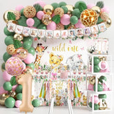 Wild One Jungle Theme First Birthday Party Supplies - Pink Safari Backdrop, Tablecloth, Balloon Arch & Blocks