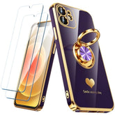 iPhone 12 Case with 2 Screen Protectors 360° Ring Holder Purple