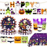 170pcs Halloween Party Decorations Tableware Plates Napkins Cups Cutlery Banner Serves 24