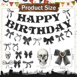 Black Bow Party Decorations - 13Pcs Gothic Birthday Decorations Skull Skeleton Goth Party Supplies For Girls Women Black Bow Coquete Happy Birthday Banners Hanging Swirls