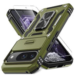 Case For Google Pixel 9/9 Pro With Slide Camera Cover+Screen Protector(1 Pack), Rotated Ring Kickstand Grade Shockproof Protective Cover-Olive Green