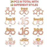 Sweet 16 Birthday Glasses: Pink & Rose Gold Photo Booth Props (24PCS Set)