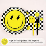 96 Pcs Two Cool Dude Birthday Party Decorations 350 Gsm 2Nd Birthday Party Supplies Tableware Set For Two Year Old Happy Dude Yellow Black Lightening Checkered Party Baby Shower Decor Serves 24 Guests