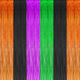 3 Pack Halloween Foil Fringe Curtains Backdrop Black Orange Purple Green Decor