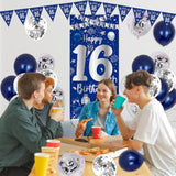 16Th Birthday Decorations For Boys Girls, Blue Silver Happy 16Th Birthday Decorations Door Banner 32" Number 16 Foil Balloon 33Pcs Balloons Triangle Flag Sweet 16 Year Old Birthday Party Sign Supplies