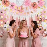 Pink Rose Gold Birthday Party Decorations Set, Rose Gold Glittery Happy Birthday Banner, Ballons Tissue Paper Pom, Star Garland And Tassel Garland For Party Decorations Girls Women