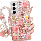 For Samsung Galaxy S25 Glitter Bling Case, Cute Luxury 3D Sparkle Crystal Rhinestones Flowers Diamond Pearl Stunning Stones With Lanyard Wrist Strap Women Girls Case For Galaxy S25 6.2", Pink