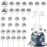 31Pc Disco Ball Cake Toppers & Happy Birthday Pick for 1970s Theme Party Decor