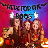 Here for The Boos Banner Halloween Ghost Bat Pumpkin Happy Boo Day Party Decor