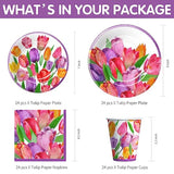 Tulip Floral Party Decorations Tableware, Spring Summer Tulip Flower Party Supplies For Birthday Baby Shower Tea, Paper Plate, Cup, Napkin, Tablecloth, Cutlery | Serve 24