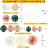Pink Sage Green Happy Birthday Decorations, Pre-Strung Happy Birthday Banner With Honeycomb Balls, Paper Flowers, Lanterns, Hanging Swirls, Circle Dots Garland For Birthdays Party Decorations 24Pcs