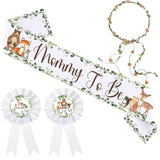 Woodland Animal Theme Mom To Be Sash For Baby Shower Decorations, Dad To Be Pin And Flower Crown Headband Cute Satin Baby Shower Sash For Gender Reveal, Party Favors, Pregnancy Props Keepsake