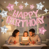 Pink Happy Birthday Balloon Set 16 Inch Happy Birthday Balloon Banner Letters Balloons With Pink And Silver Star Foil Balloons Decorations For Birthday Party Supplies