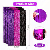 3 Pack Purple Pink Black Foil Fringe Curtains 3.28x6.56ft Backdrop Halloween Decor