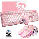Pink Typewriter Keyboard And Mouse,Retro Vintage Mechanical Gaming Keyboard With White Led Backlit,104 Keys Anti-Ghosting Blue Switch Wired Cute Keyboard,Round Keycaps For Desktop Pc/Laptop Mac