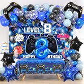 103Pcs Video Game 8Th Birthday Party Decoration Kit - Black And Blue Latex Balloons, 8Th Happy Birthday Gaming Backdrop, Tablecloth, Foil Number 8 & Gamer & Star Balloon For Boys Girls
