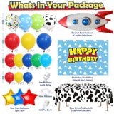 154Pcs Toy Inspired Story Birthday Party Decorations Supplies For Kids Teen, Balloon Arch With Backdrop Tablecloth Cow Print Balloons Star Rocket, Cartoon Game Girls Boys Birthday Party Decor