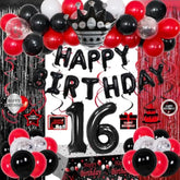 16Th Red And Black Birthday Decorations For Boys Girls Happy 16Th Birthday Party Decorations Red Black Balloons Fringe Curtain Table Cloth With Happy Birthday Banner Number 16 Balloon Hanging Swirls