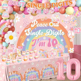 10Th Birthday Decorations For Girl,288Pcs Peace Out Single Digits Party Decor Groovy Double Digits Birthday Girl Plates And Napkin Cups Tablecloth,Cake Topper,Honeycomb Balloon Kit