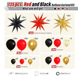 Red Black Gold Balloons Arch Kit With 3Pcs Star Balloons, Red Black And Gold Balloons Garland For Anniversary Casino Night Hollywood New Years Movie Night Birthday Decorations
