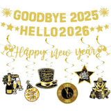 Gold Glitter Goodbye 2025 Hello 2026 Banner for New Year’s Eve Party Decor
