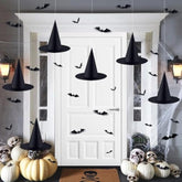 6 Pcs Halloween Black Witch Hats Decoration Hanging Witch Wizard Hats Bulk With 3D Bats Wall Stickers For Halloween Party Costume Accessory Indoor Outdoor Yard Porch Decor