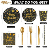 400Pcs Happy Birthday Party Supplies, Black And Gold Disposable Dinnerware Set Includes Paper Plates Napkins Cups Straws Forks Knivesand Spoons For Graduation Birthday Party Decorations, Serve 50
