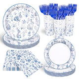 120Pcs Easter Tableware Set Serves 24 Blue White Retro Bunny Rabbit Chinoiserie Floral Paper Plates Napkins Cups Forks Disposable Dinnerware for Spring Bridal Baby Shower Wedding Party