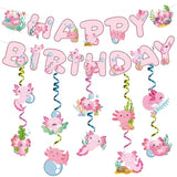Axolotl Happy Birthday Banner - 12Pc Pink Birthday Decor Backdrop Sign Party Supplies Set Cute Animals Photo Background Supplies Hanging Swirls Decorations Girls Boys Women Men Children Kids