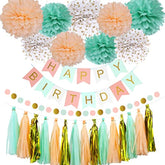 12Pcs Mint Peach Birthday Set with Banner, Pom Poms, and Tassel Garland