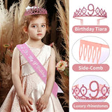 9Th Birthday Decoration For Girl - Sash, Rhinestone Crown, Cake Topper, Foil Balloon - Party Supplies (Rose)