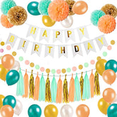 50Pcs Birthday Decorations Kit, Mint Gold Happy Birthday Banners With Tissue Pom Poms Tissue Tassels Paper Garland And Latex Balloons Happy Birthday Decoration For Kids And Woman
